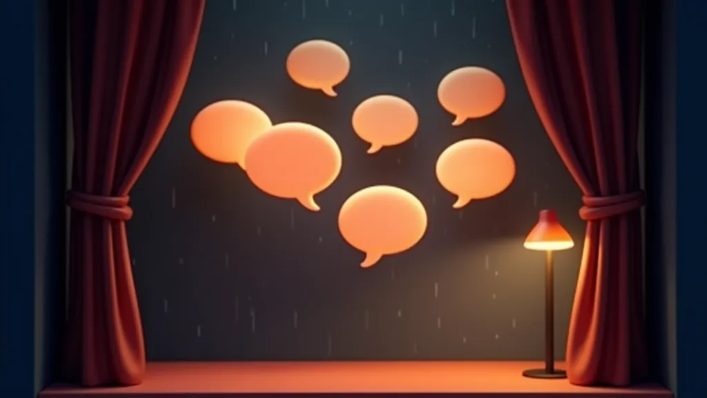 Diorama of a small stage with glowing speech bubbles representing a text roleplay scenario